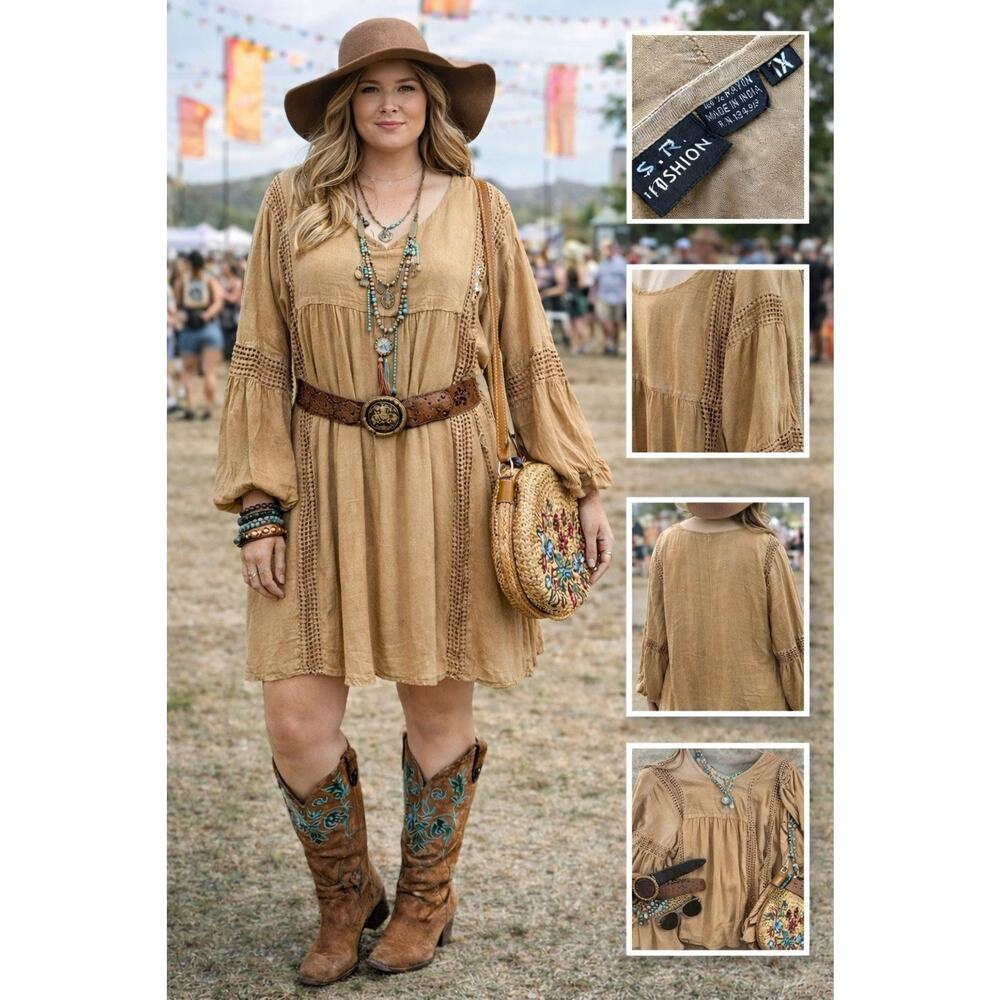 S.R. Fashion Mustard Gold Dress Boho Cruise Resort Vacation Festival